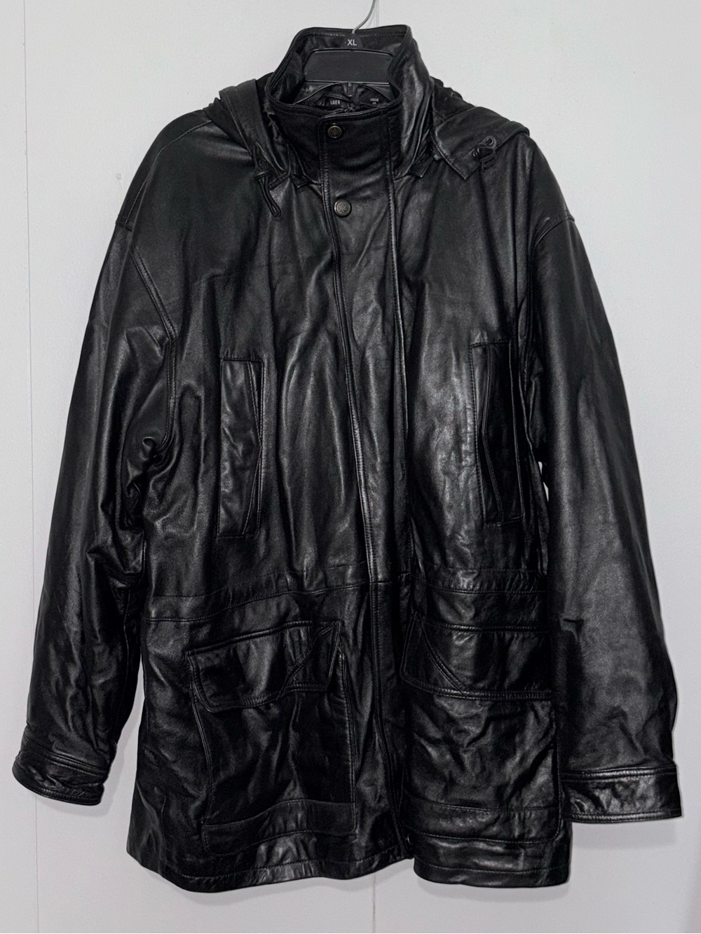 Irvine Park Mens Lrg Reg Black Genuine Leather Hooded Parka Coat Quilted Lined